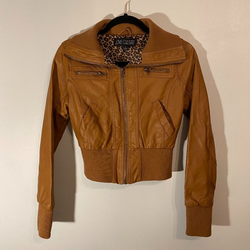 LOVE CULTURE Cropped Faux Leather Motorcycle Jacket with in Brown (Size S)